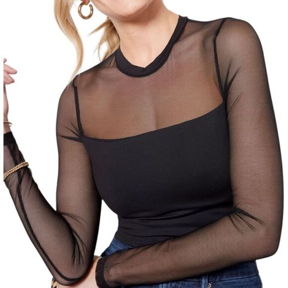 NEW Susana Monaco Crew Neck Mesh Long Sleeve Top in Oxblood Large - Picture 9 of 12